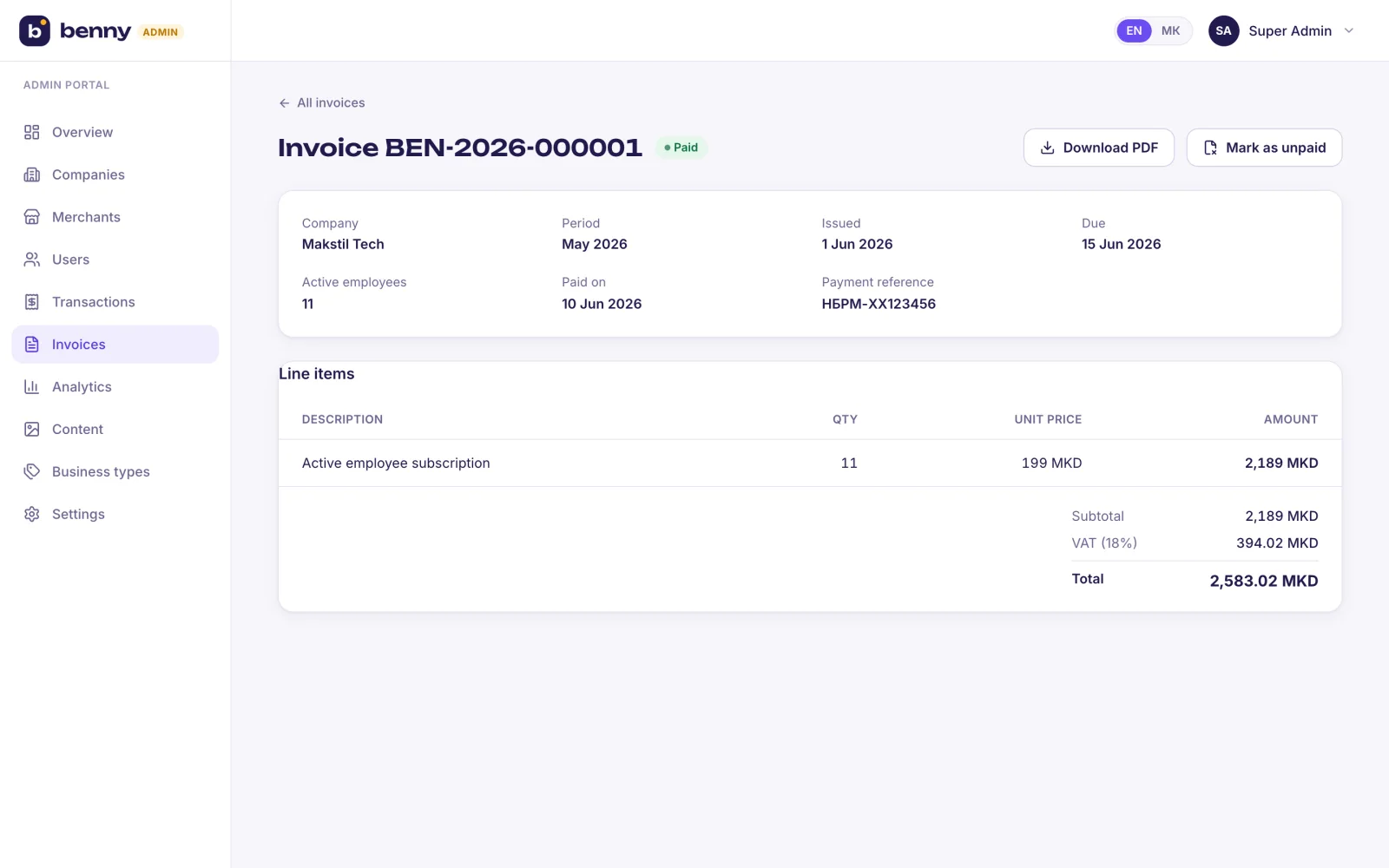 A generated invoice with VAT and bank reference