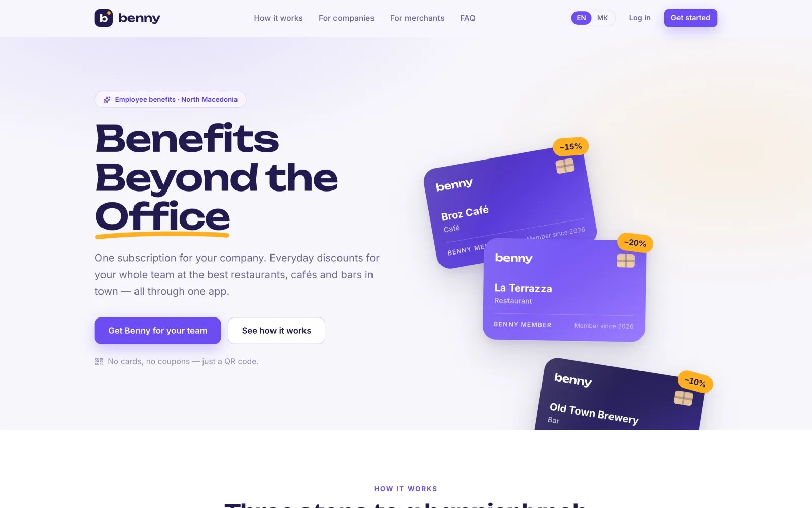 The benny.mk landing page — "Benefits Beyond the Office"