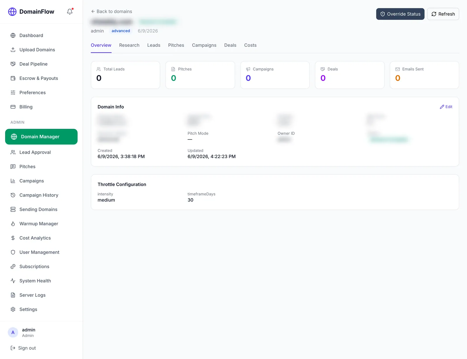 Domain detail — research, pitches, campaigns & costs per domain