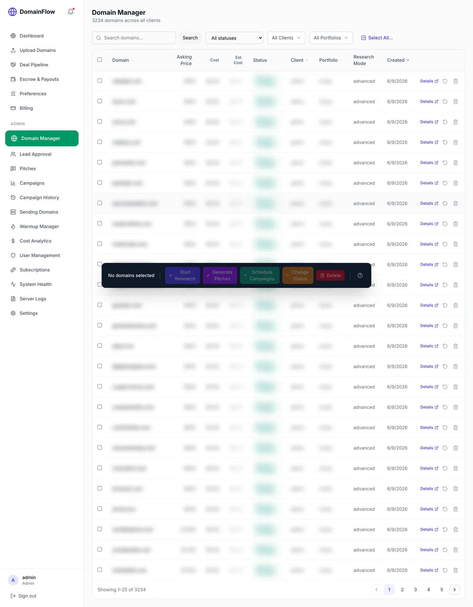Domain Manager — catalog with bulk actions