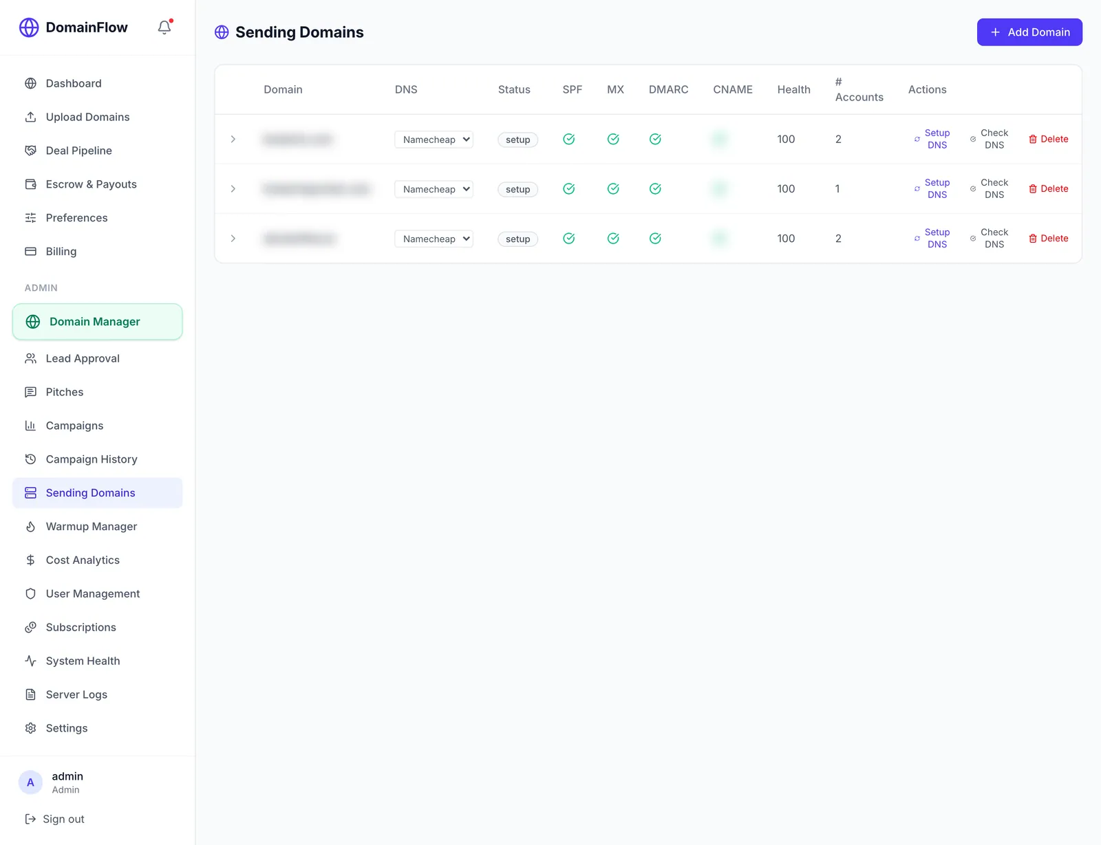 Sending Domains — DNS authentication & health