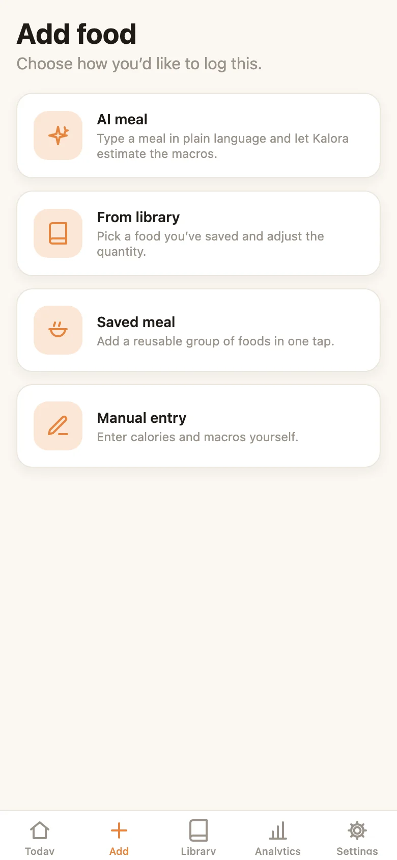 Add food hub — AI meal, from library, saved meal, or manual entry