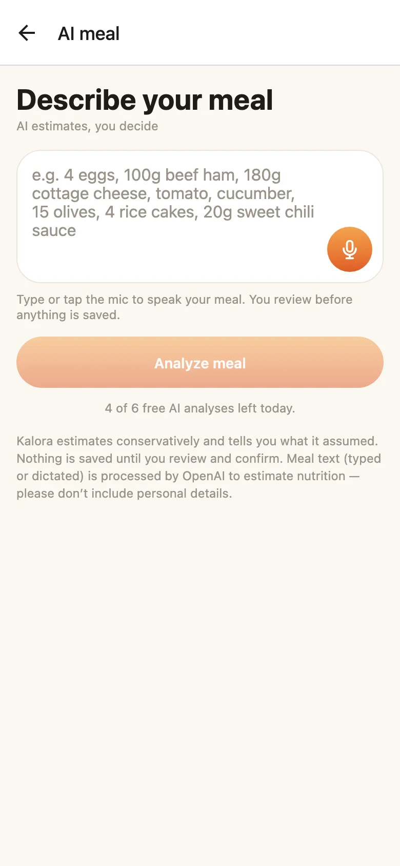 AI meal entry — describe or dictate a meal; the quota hint comes from the server's quota doc