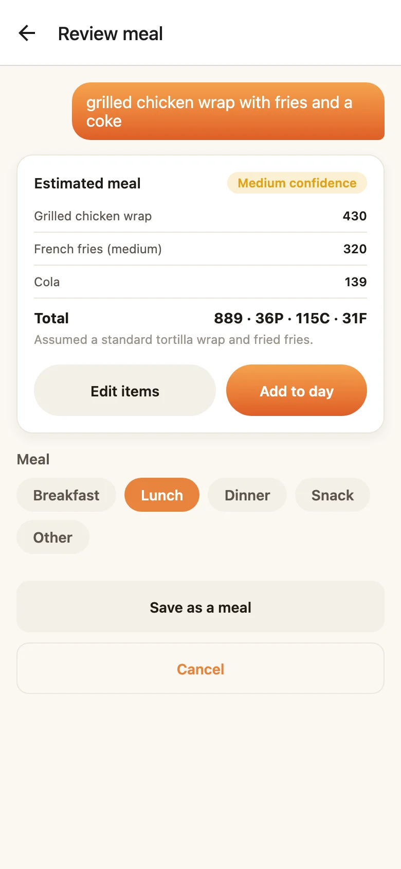 Review meal — per-item estimates, confidence badge, stated assumptions, meal-type chips, and mandatory confirmation
