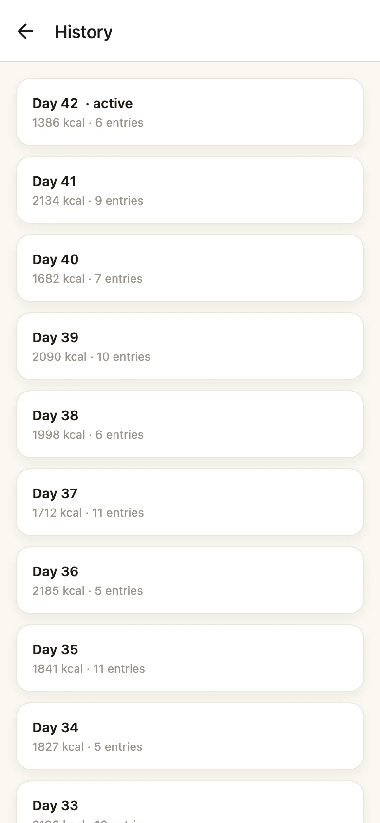 History — cursor-paginated list of every Kalora Day with calories and entry counts