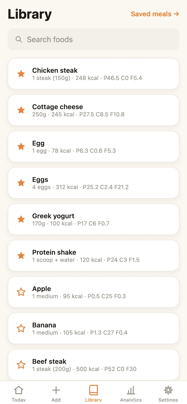 Food library — searchable, favoritable items with per-serving macros