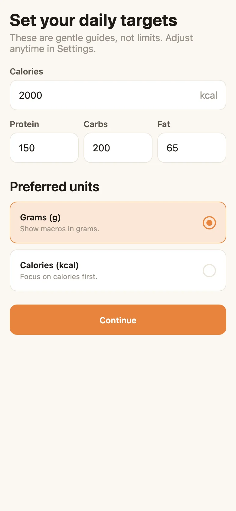 Onboarding — daily targets framed as gentle guides, not limits