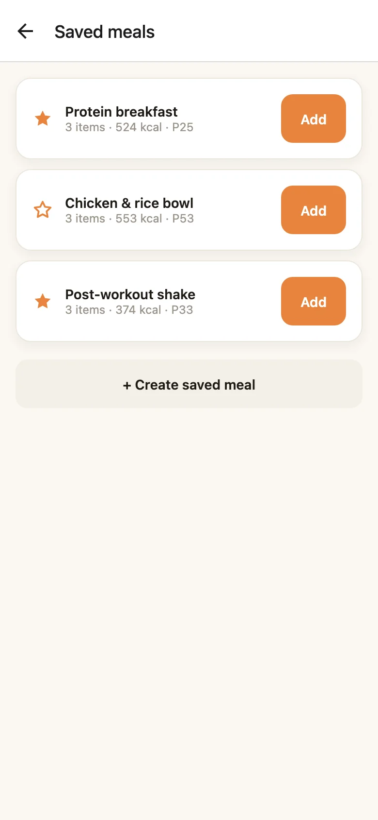 Saved meals — reusable multi-item meals added to the day in one tap