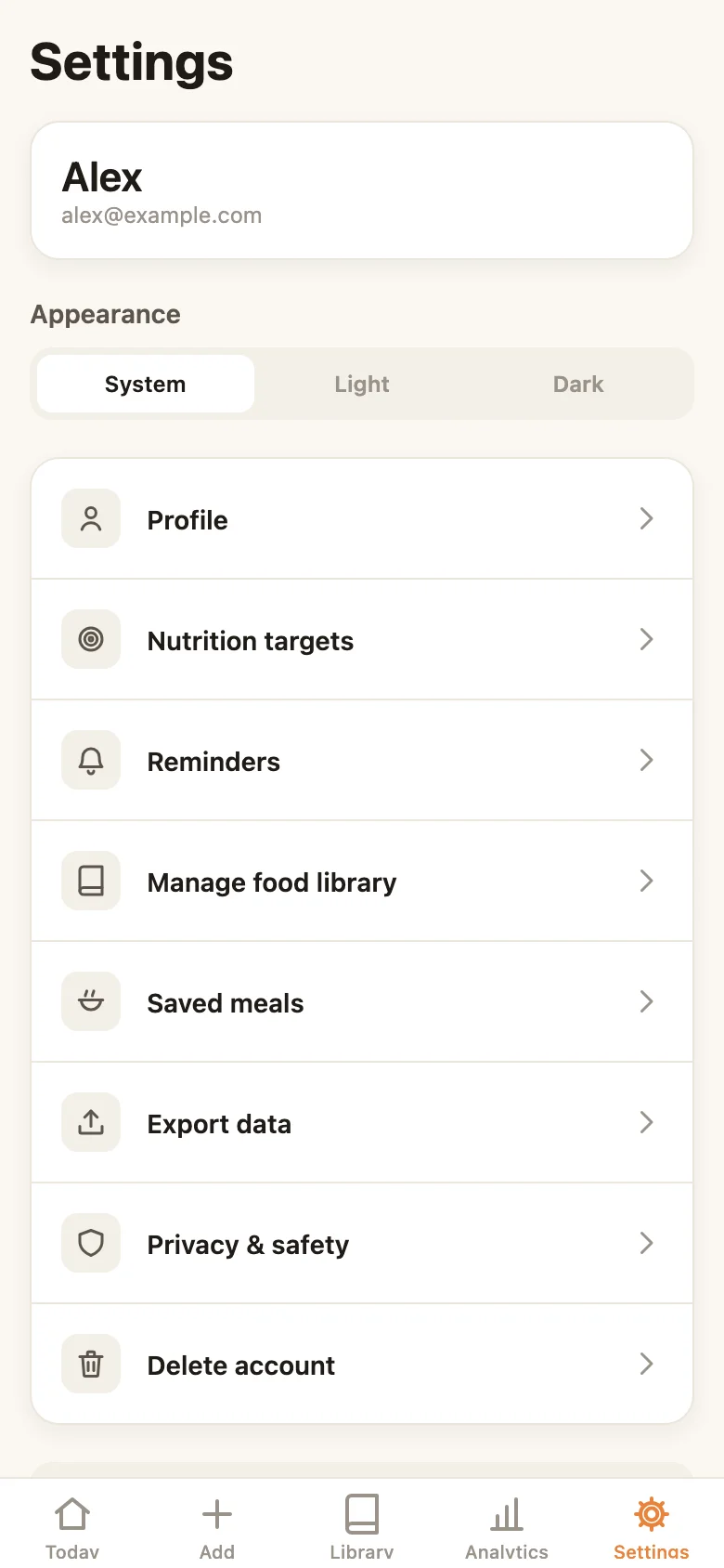Settings — profile, targets, reminders, export, privacy, and account deletion