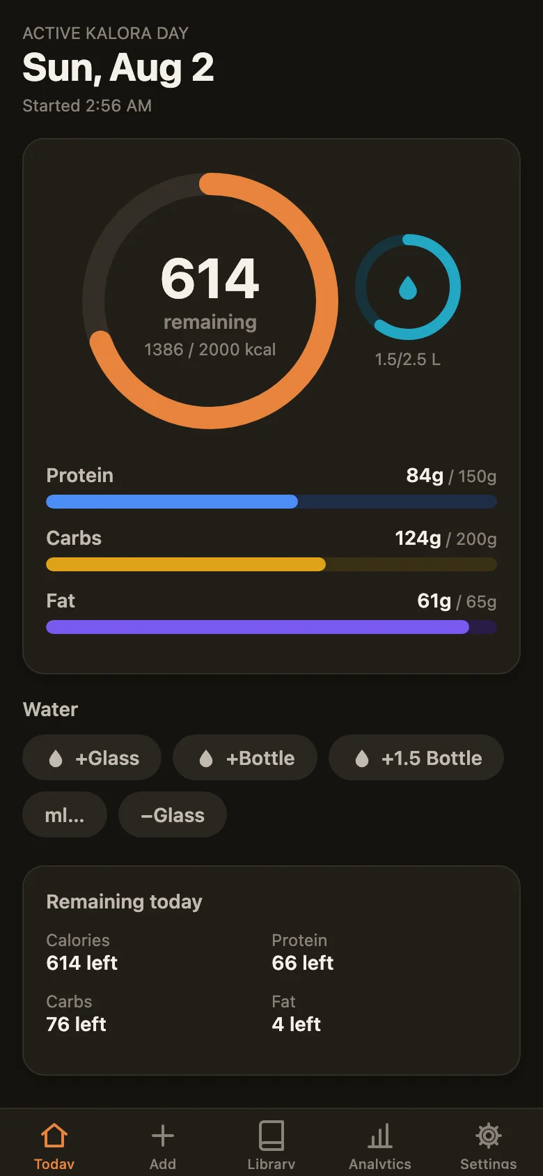 Today screen in dark mode — the full theme system covers every screen