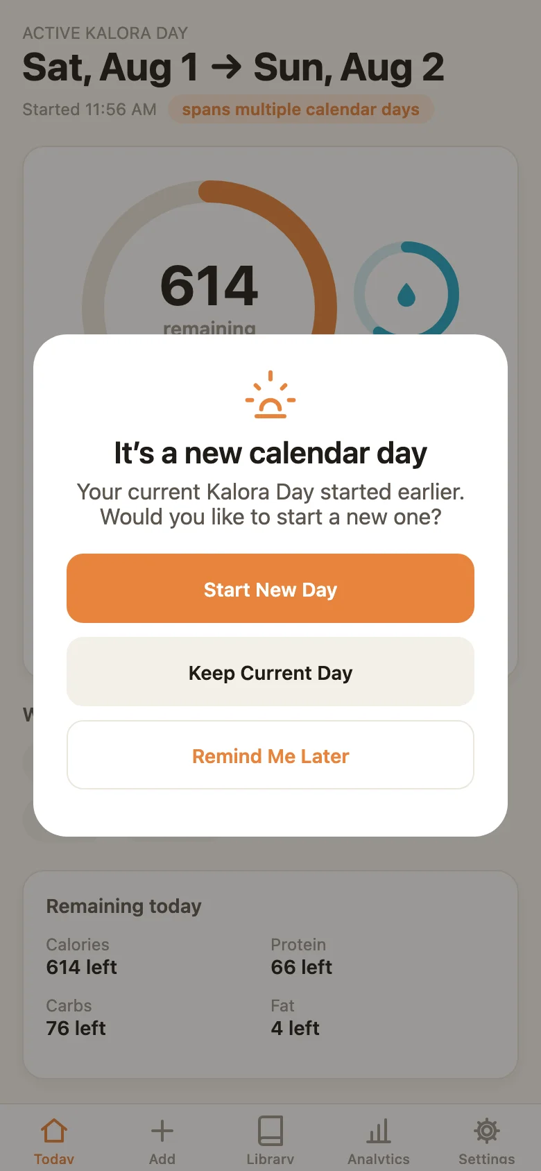 The real midnight prompt — Start New Day, Keep Current Day, or Remind Me Later. Nothing happens automatically.