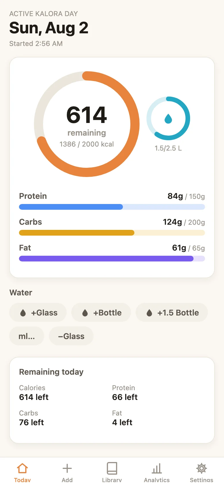 Today screen — calorie ring with remaining kcal, water ring, macro bars, and one-tap water chips