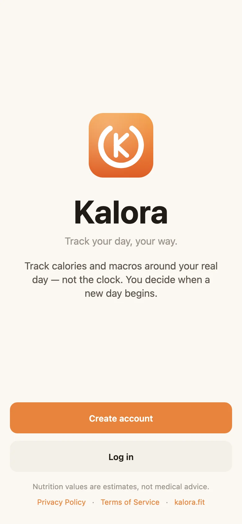 Welcome screen — 'Track your day, your way'