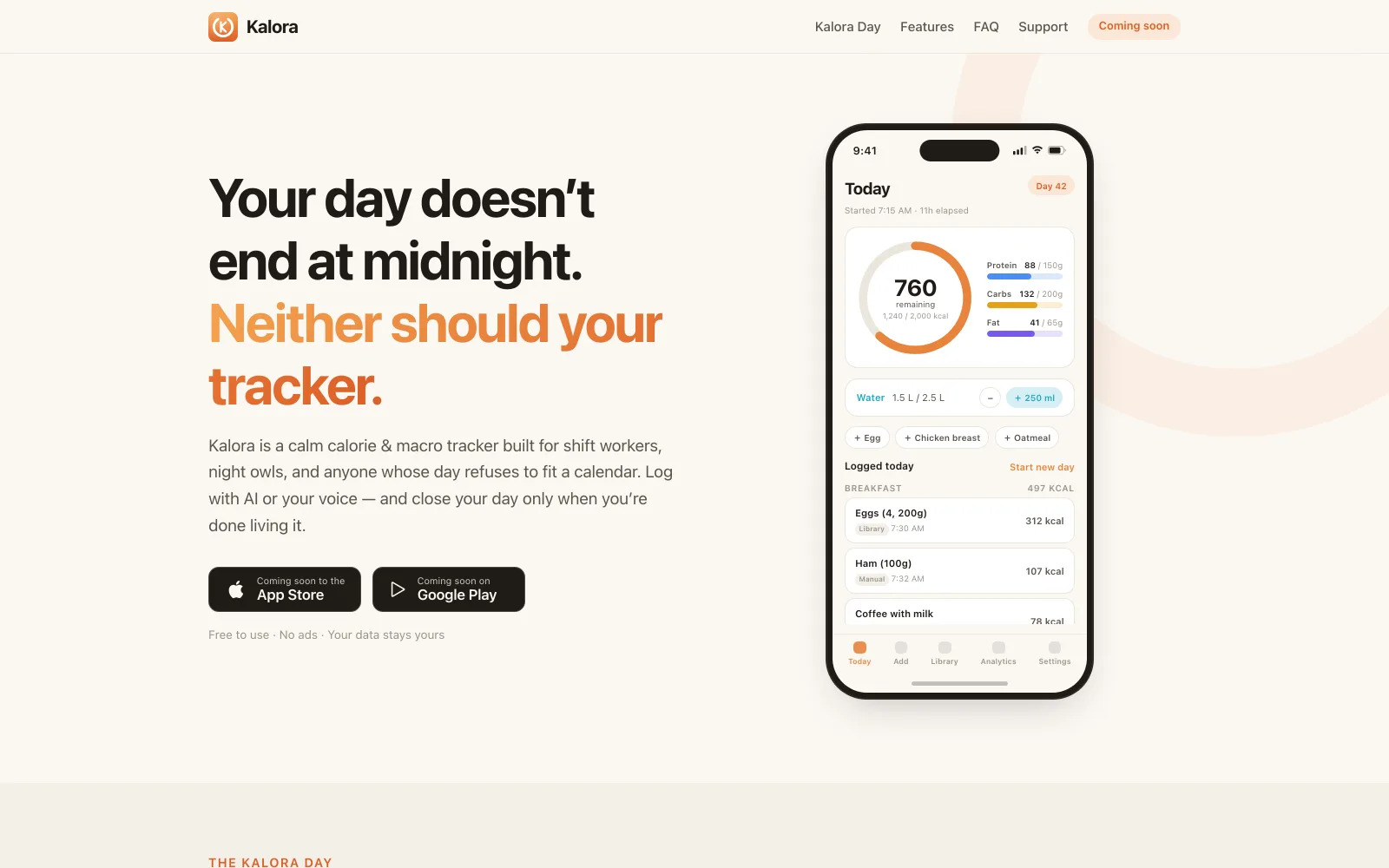 kalora.fit — the marketing site's hero with its live SVG phone mockup