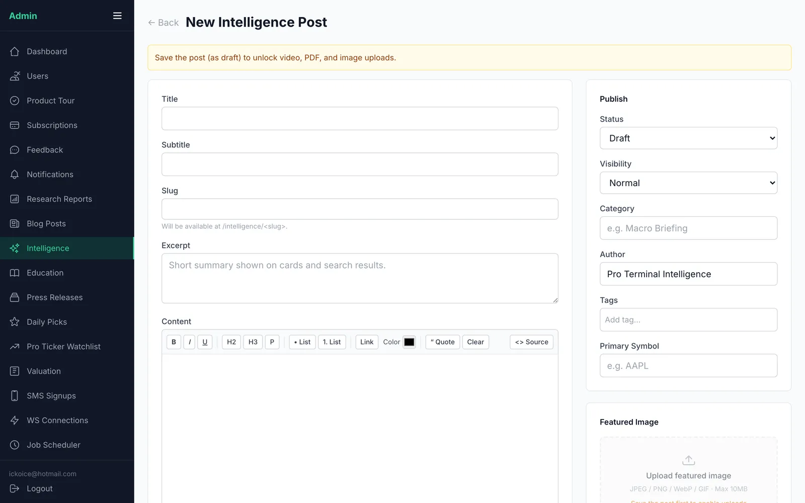 Intelligence editor — rich content, media & visibility