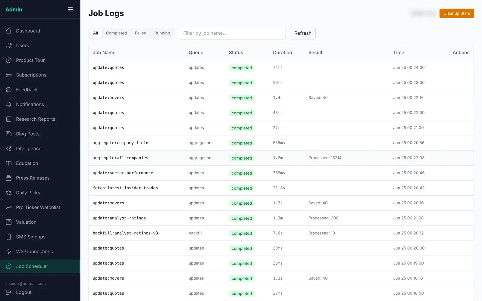 Job logs — execution history with force-cancel