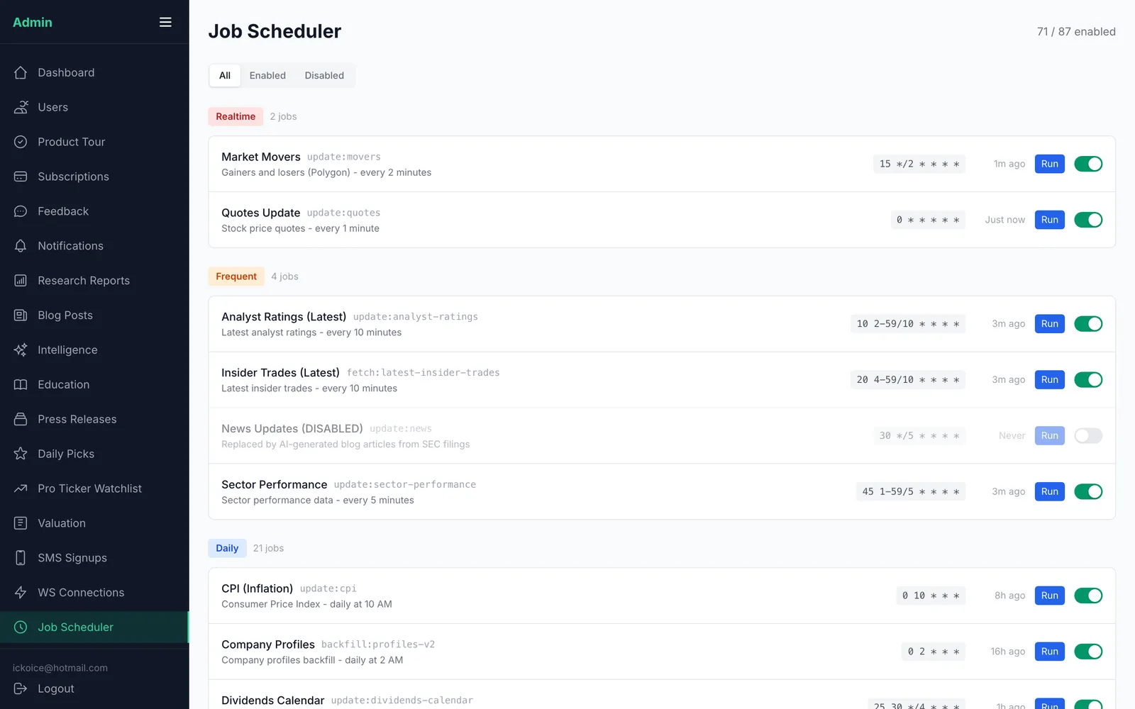 Job scheduler — 100+ jobs by category with cron control