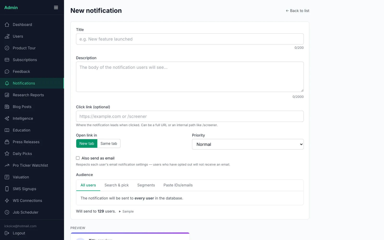 Notification composer — audience targeting & email send