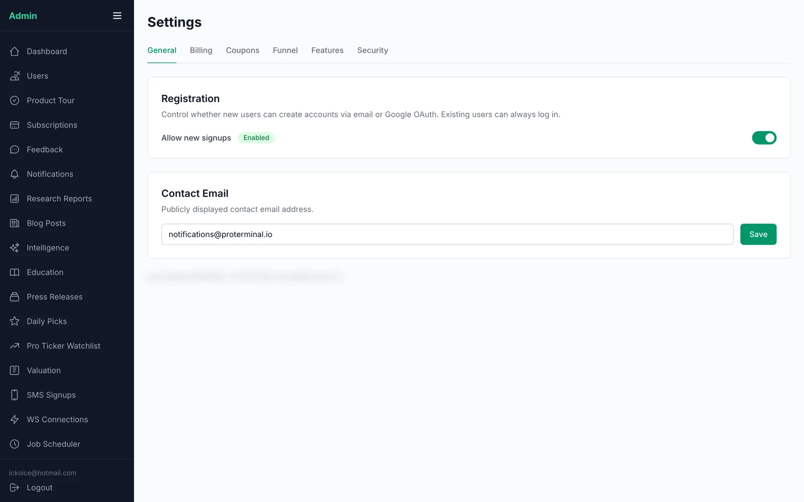 Settings — pricing, coupons, funnel, features & security