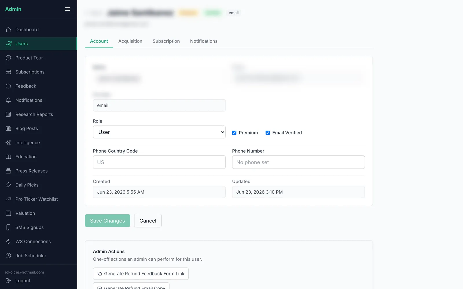User detail — account, subscription history & refund actions