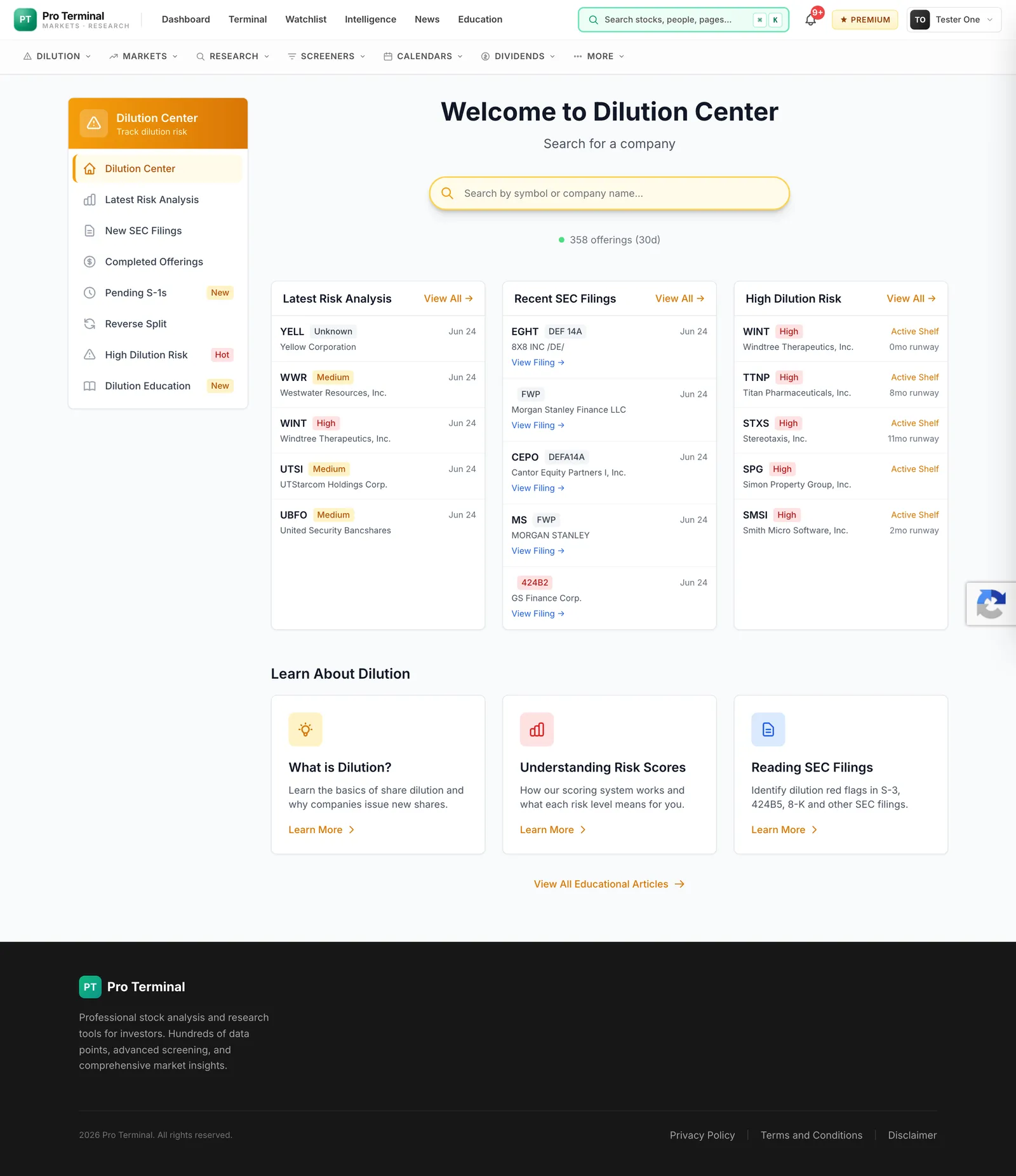 Dilution Center — risk tracking hub