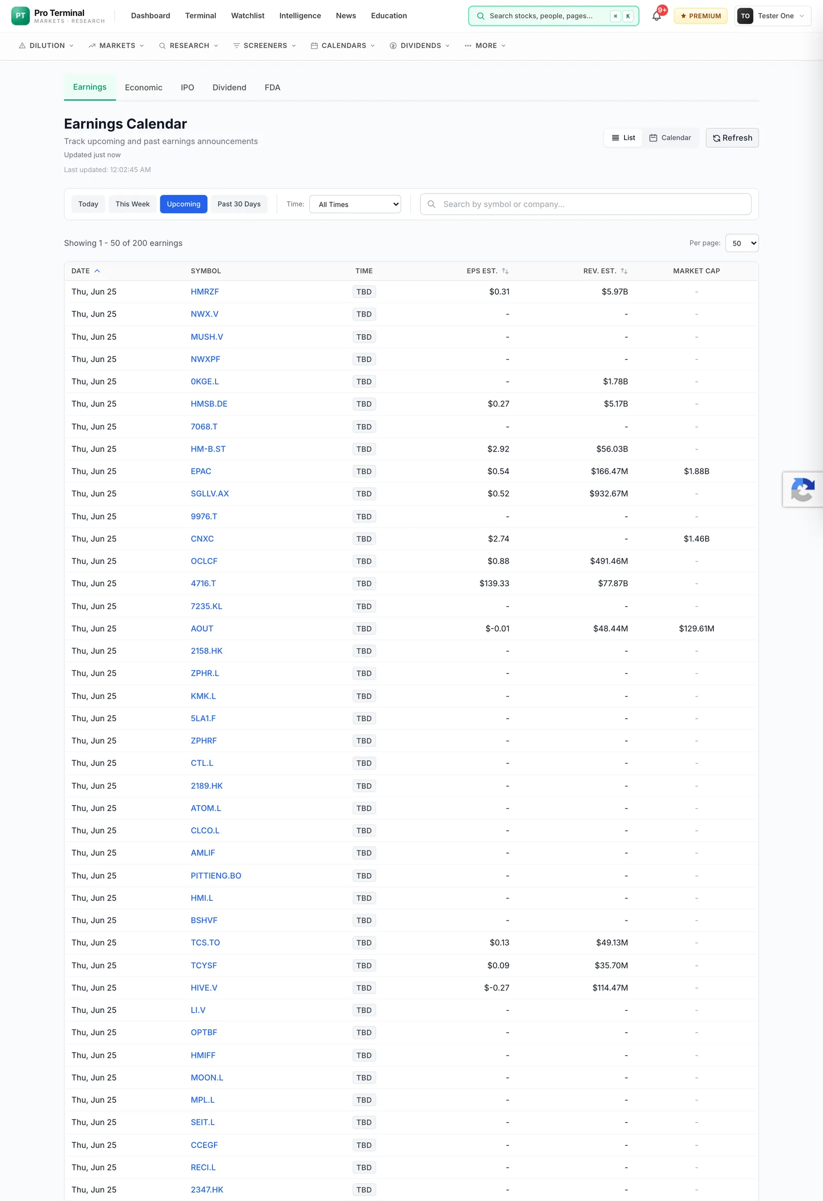 Earnings calendar — list/grid views, BMO/AMC, estimates & history