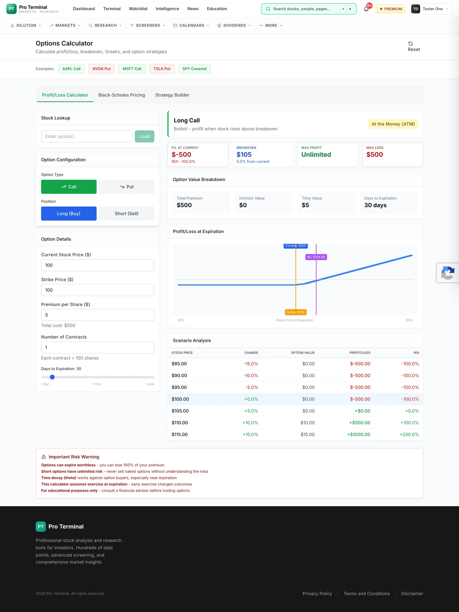Options calculator — Black-Scholes pricing & Greeks