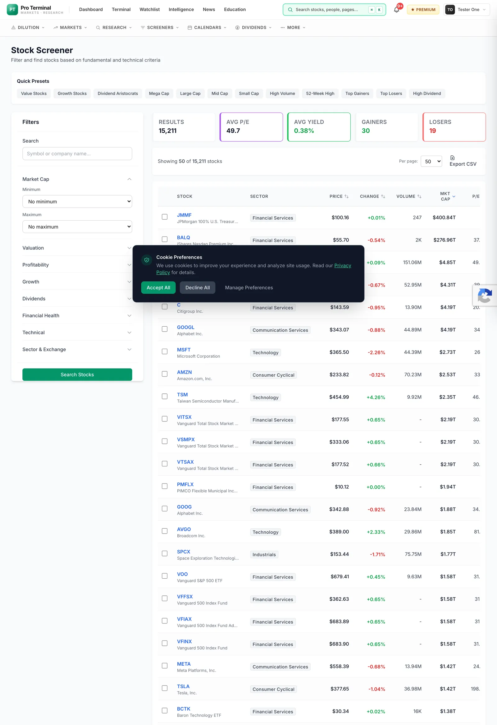 Stock screener — 15,000+ stock universe, 50+ filters, live KPIs