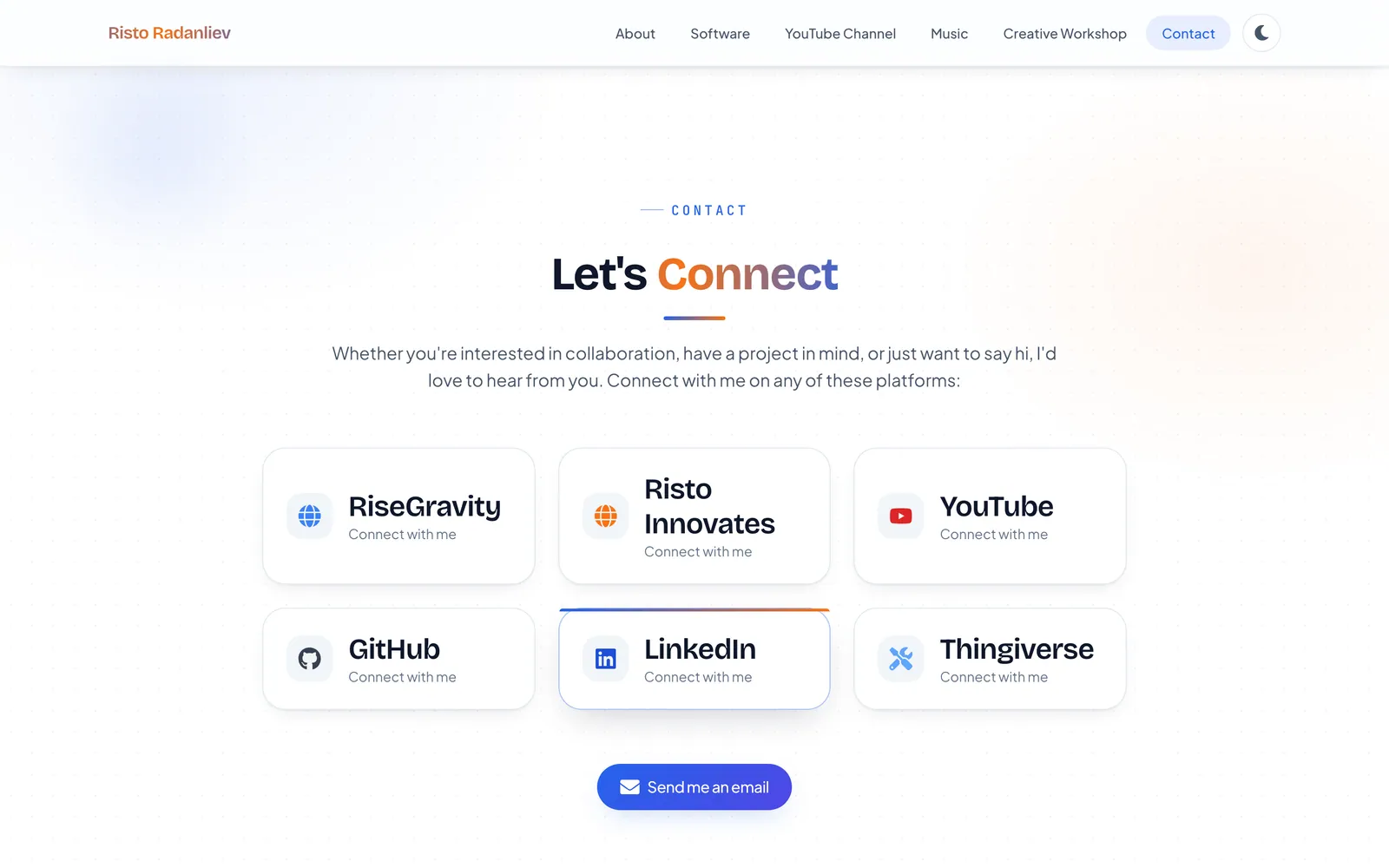Contact — social grid and email CTA