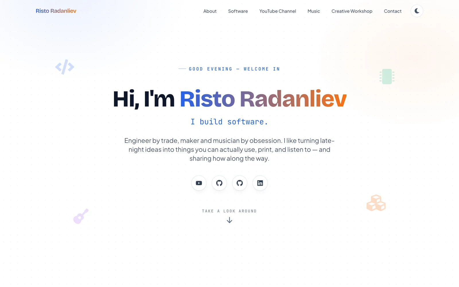 Hero — animated intro with a typed tagline